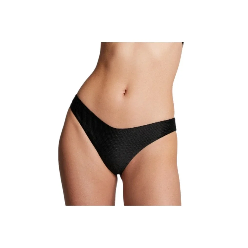 PINK Victoria's Secret Ribbed Deep Cut Brazilian Bikini‎ Bottom NWT Size M Black